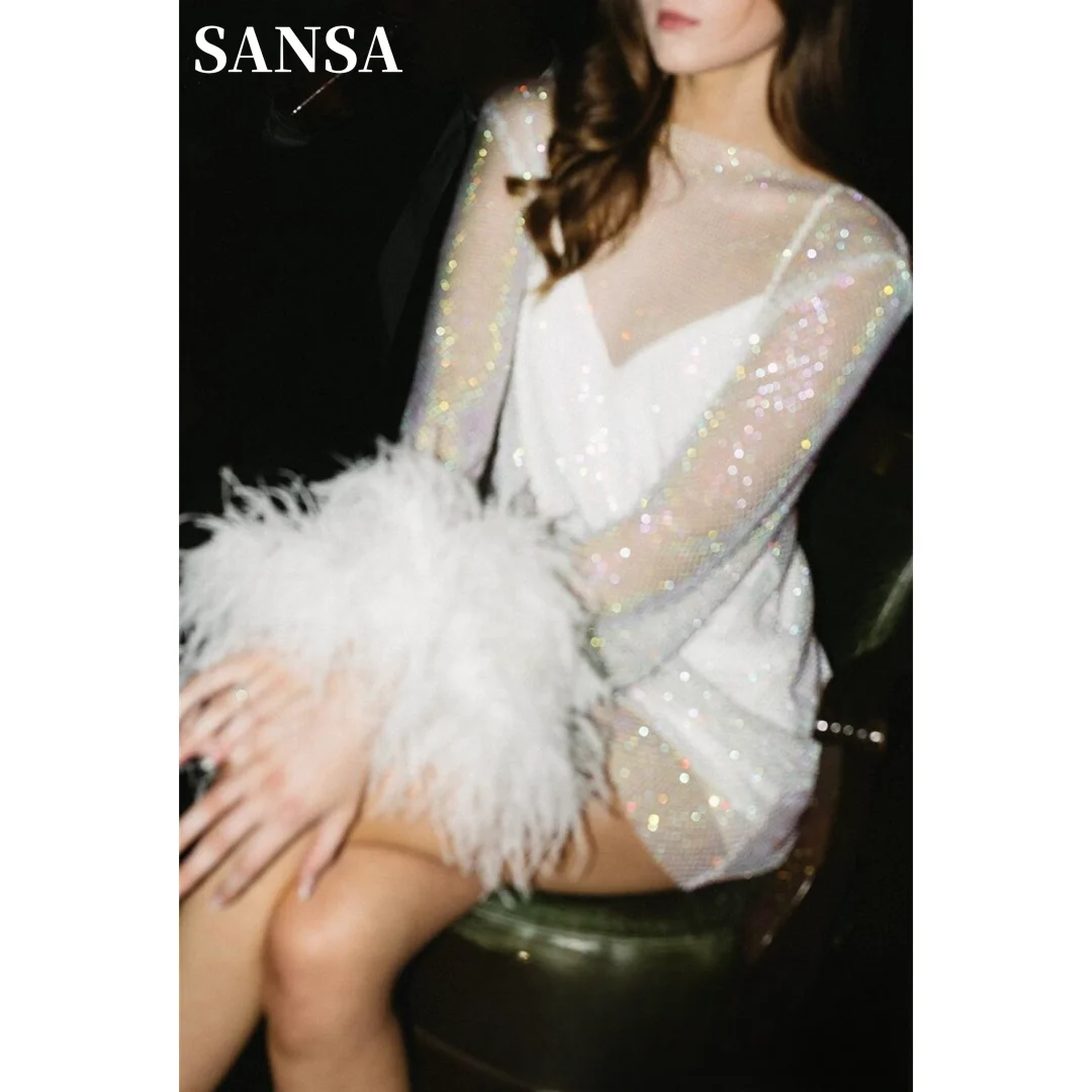 

Sansa Luxury Shiny Feather Sleeves Mini Prom Dress Glitter Two Piece Set Short Vestidos De Fiesta Shining فساتين سهرة