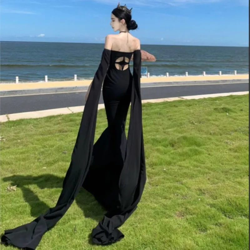 Charming Atmosphere Retro Black Waist-Tight Tube Top Mop Long Dress Photo