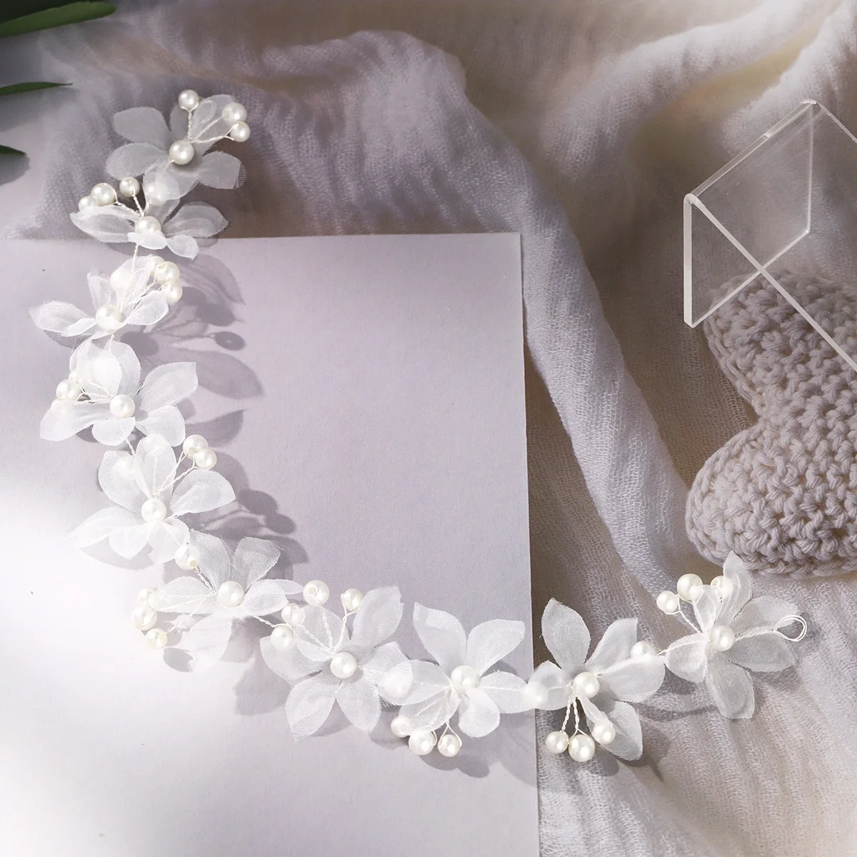 Elegant White Organza Flower Bridal Headband Pearl Floral Hair Vine Fairy Wedding Hair Accessories Bridesmaid Party Headdress image 5