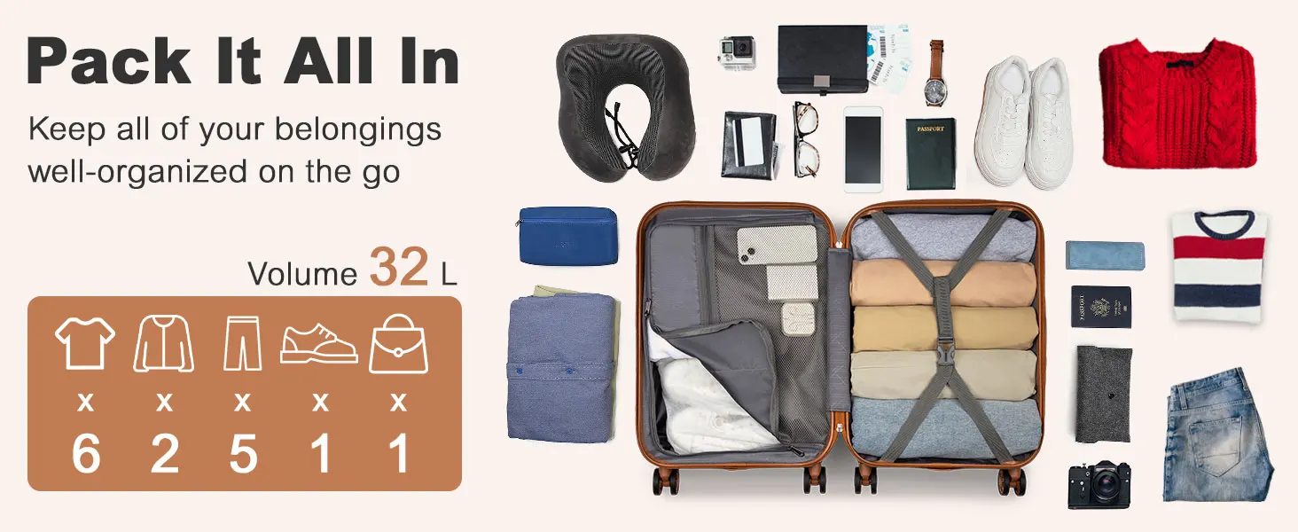 Suitcase packing guide showing various travel items and clothing neatly arranged. Text indicates 32L volume capacity and quantity of different clothing items to pack.