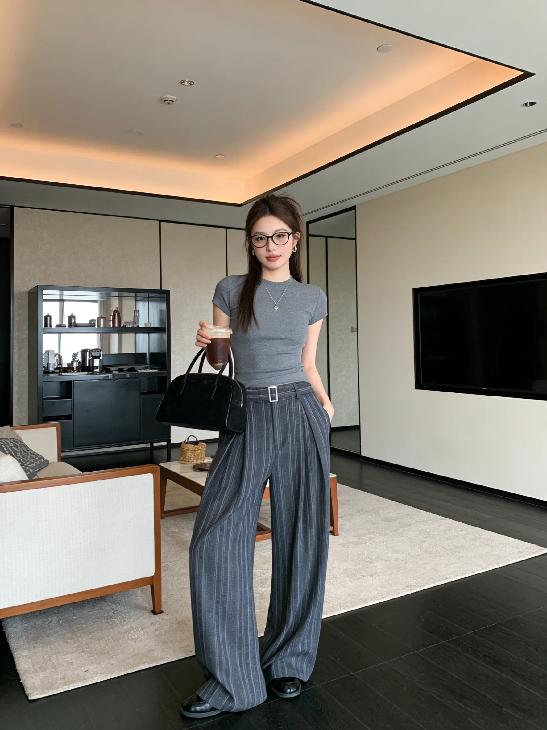 

Корейские повседневные брюки в полоску с широкими штанинами, женские свободные брюки в пол, утягивающие, с высокой талией, на молнии, дышащие