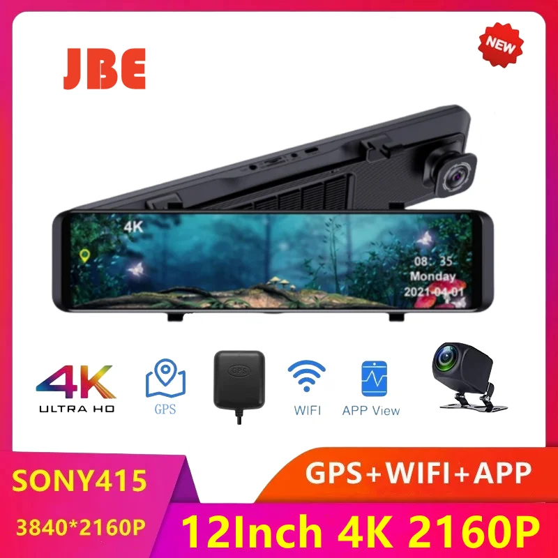 차량용 DVR 카메라, 듀얼 렌즈 대시 캠, 와이파이 GPS, 소니 IMX 415 대시 캠, 전면 및 후면 나이트 비전 비디오 녹화, 12 인치, 4K 3840x2160P