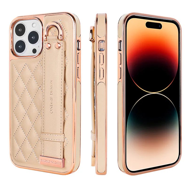 VIETAO-Damen Leder-Handyhülle mit Armband für iPhone 15Pro, Roségold-Beschichtung Handyhülle für iPhone 14 Pro Max, iPhone 13 12