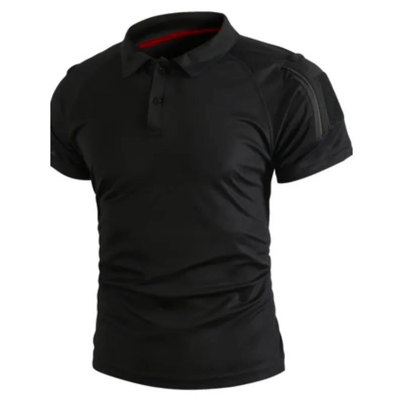 Men's Tactical Lapel Polo Shirt Quick Dry Breathable Short Sleeve with Zipper Arm Pocket Outdoor Sports Hiking Training Workwear