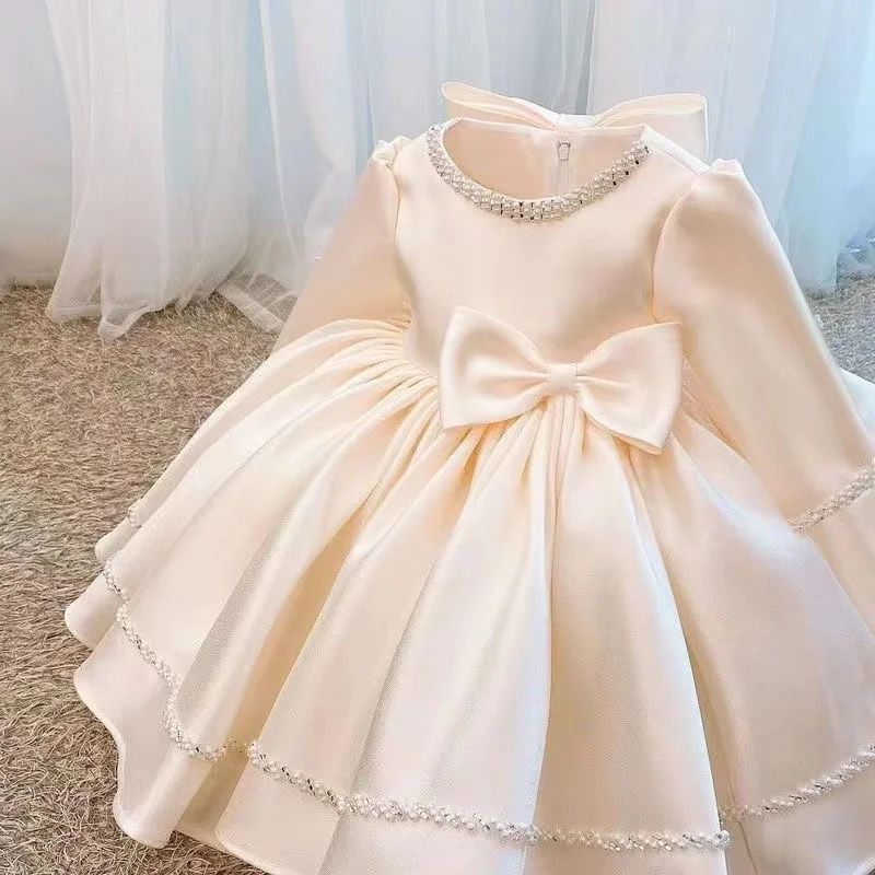 Girl Dresses For Weddings Princess Communion Gowns Part ySolid Pearl Bow Pageant Dress Girls Gown Kids Clothing