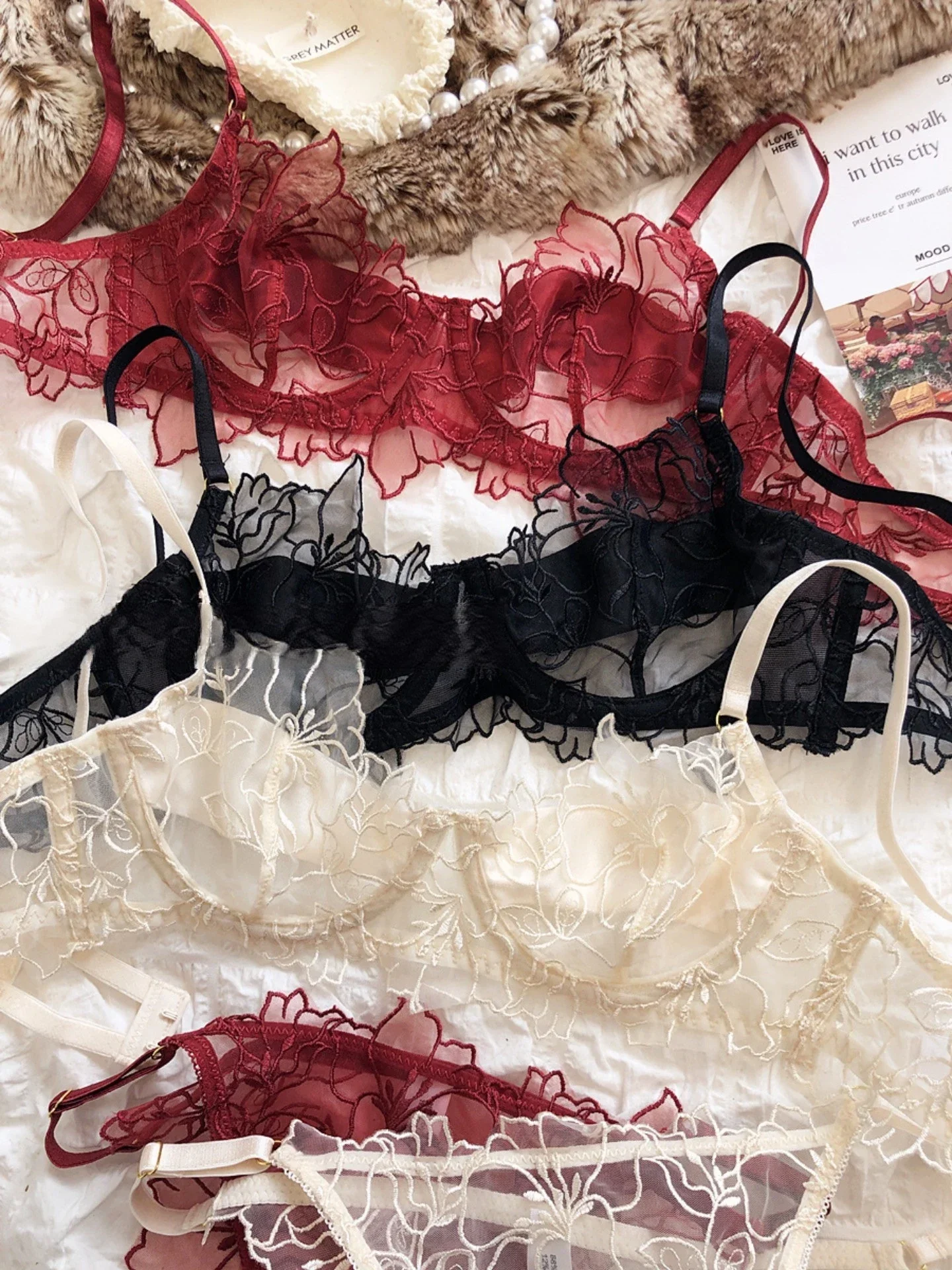 

French Underwear Set Sexy Lace Flowers Embroidery Bra Set Women Intimates Summer Ultra Thin Breathable Bralette Lingerie Panties