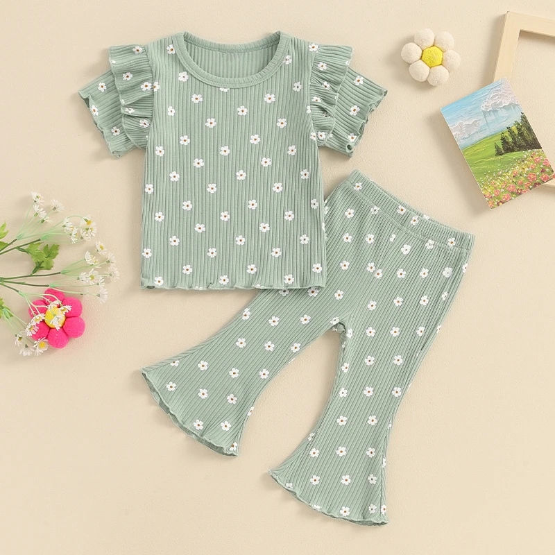 Blotona Toddler Girl Clothes 1T 2T 3T 4T Kids Summer Ruffle Short Sleeve Floral Tshirt Bell Botttoms Outfit Flared Pants Set