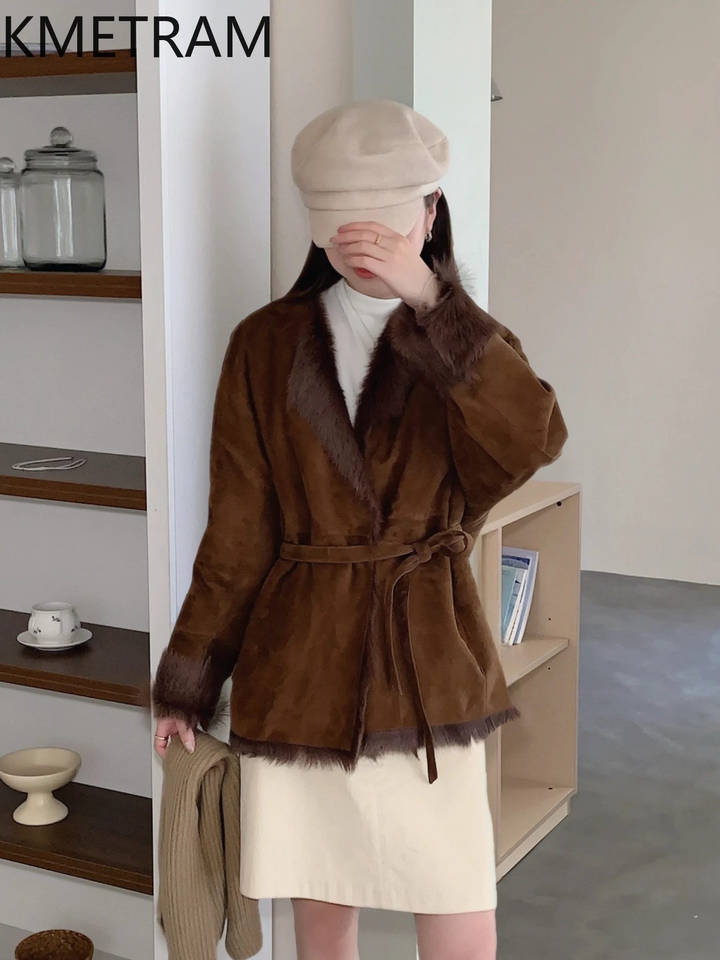 KMETRAM 100% Natural Goat Sheepskin with Wool Atttached Fur Coat Lacing Casual Medium Clothes for Woman 2025 Winter fourrures
