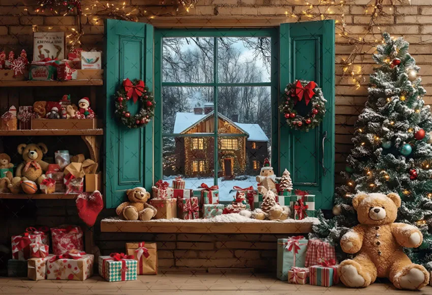 

Photography Background Winter Christmas Room Gift Bear Window Xmas Tree Kids Family Portrait Decor Backdrop Photo Studi