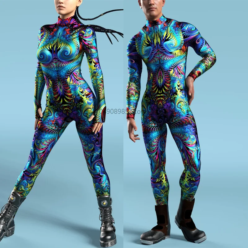 

Women Holiday Bodysuit Costume Flame Print Catsuit Front Zipper Carnival Zentai Suit Party Jumpsuits Cosplay Rompers Clothes