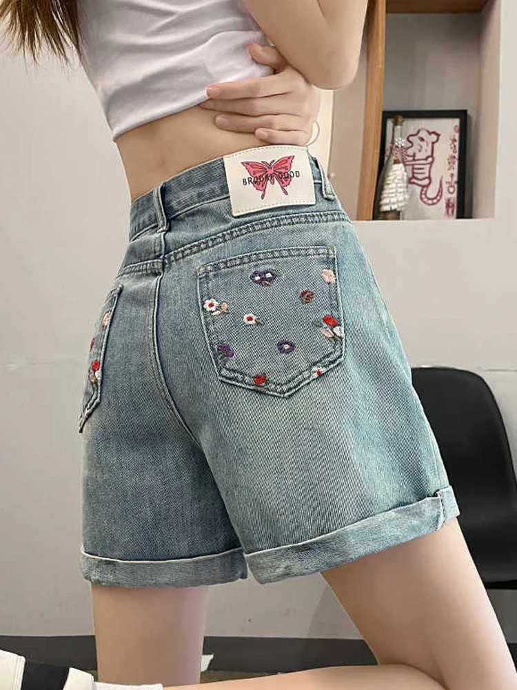 Light Blue Floral Embroidered Denim Shorts Summer Thin High Waist Loose A-line Wide Leg Hotpant Casual Women Cuffs Jean Shorts