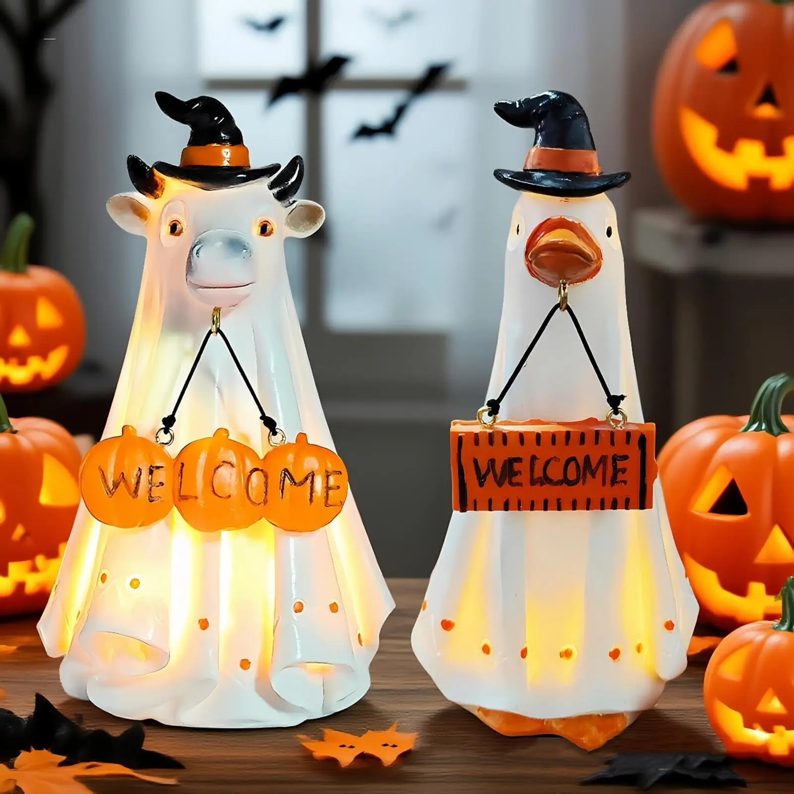 Halloween Ghost Decoration LED Ghost Dog Duck Cat Cow Ornament Halloween Resin Animal Decor Atmosphere Light Party Crafts