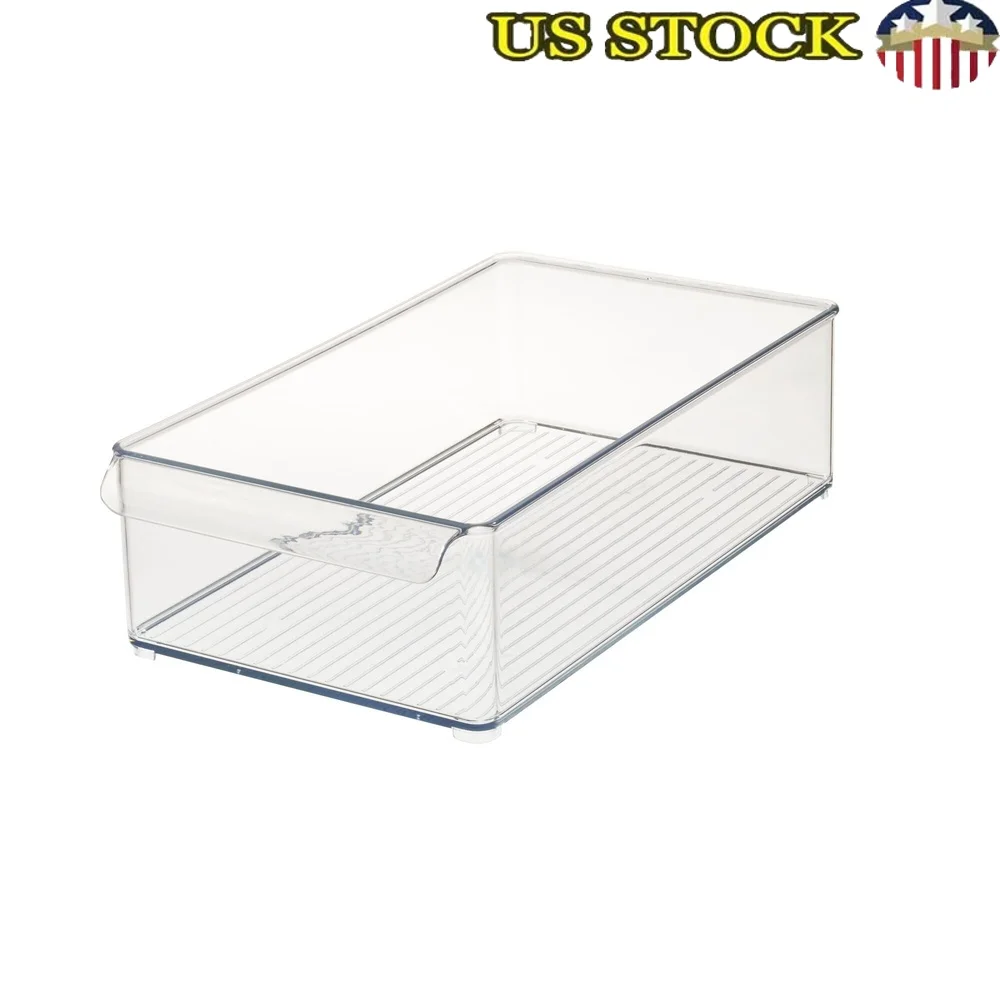 Durchsichtiger stapelbarer Kühlschrankbehälter aus Kunststoff mit Vordergriff zum Organisieren von Snacks, Joghurtbeuteln, Perishables und Haushaltsutensilien