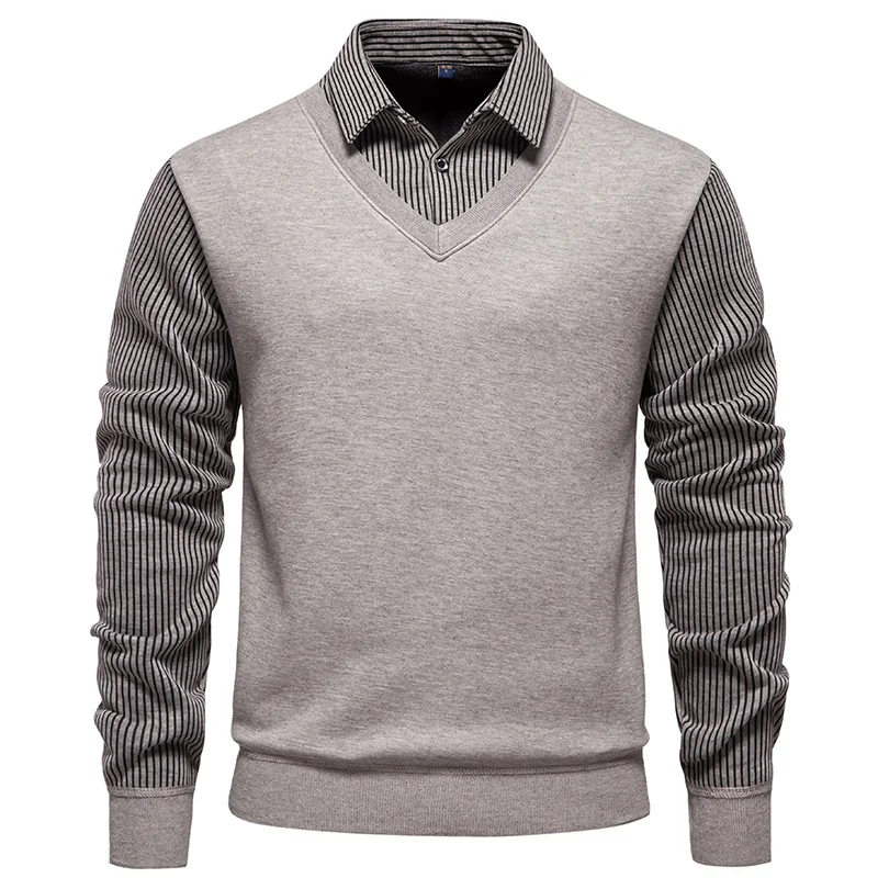 

Мужской осенне-зимний новый свитер-двойка с флисовой подкладкой, утолщенный, свободный, повседневный, с отложным воротником, теплый базовый слой, пуловер