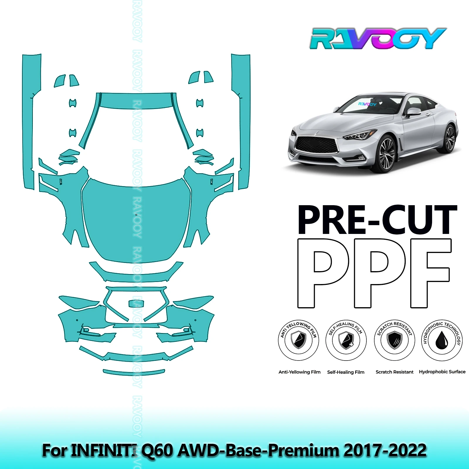 

8.5Mil Precut Paint Protection Film PPF Clear Bra Front Kit+Rockers For INFINITI Q60 AWD-Base-Premium 2017-2022