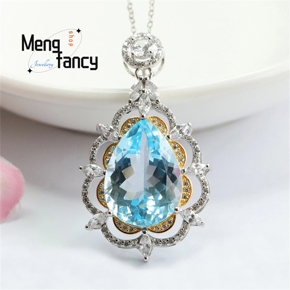 

Natural S925 Silver Inlaid Topaz Droplet Necklace Simple Elegant Personality Fashion Exquisite Versatile Women Fine Jewelry Gift