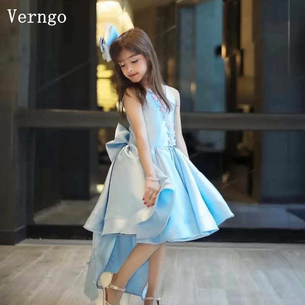 Verngo Princess Blue Satin Girl Birthday Party Dress Bow Back V Neck Ball Gown Celebrity Flower Girl Dress Customized