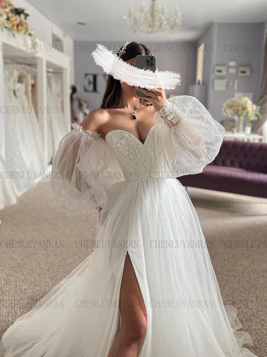 Beach Sweetheart Wedding Dresses Applique Tulle Long Bride Dresses Split Puffy Sleeves Sexy Dress For Women 2023 Robe De Mariée