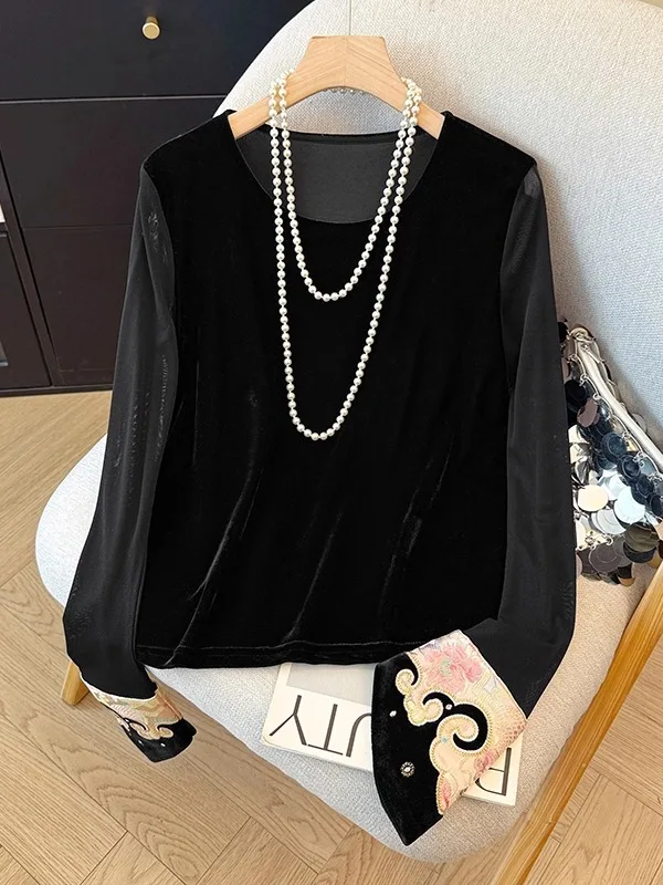 Ele chino Sle bordado oro terciopelo largo Sve redondo Ne camiseta mujer otoño Faion alta gama Base irt tendencia...