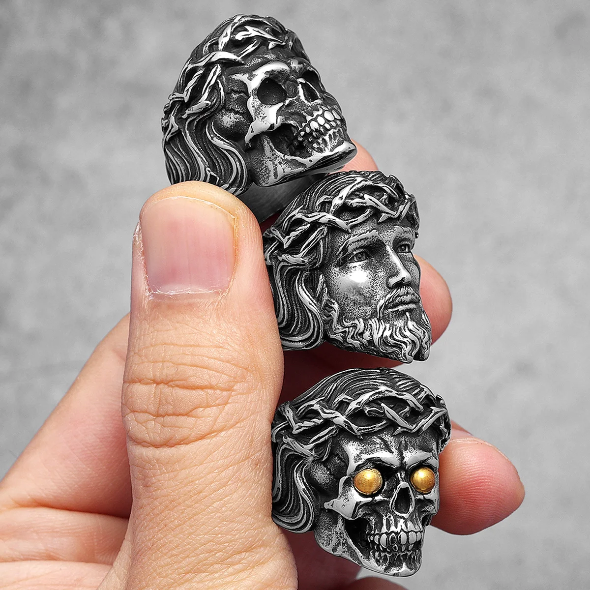 Religion Jesus Skull Stainless Steel Womens Mens Rings Punk Vintage Amulet for Boyfriend Biker Jewelry Creativity Gift Wholesale