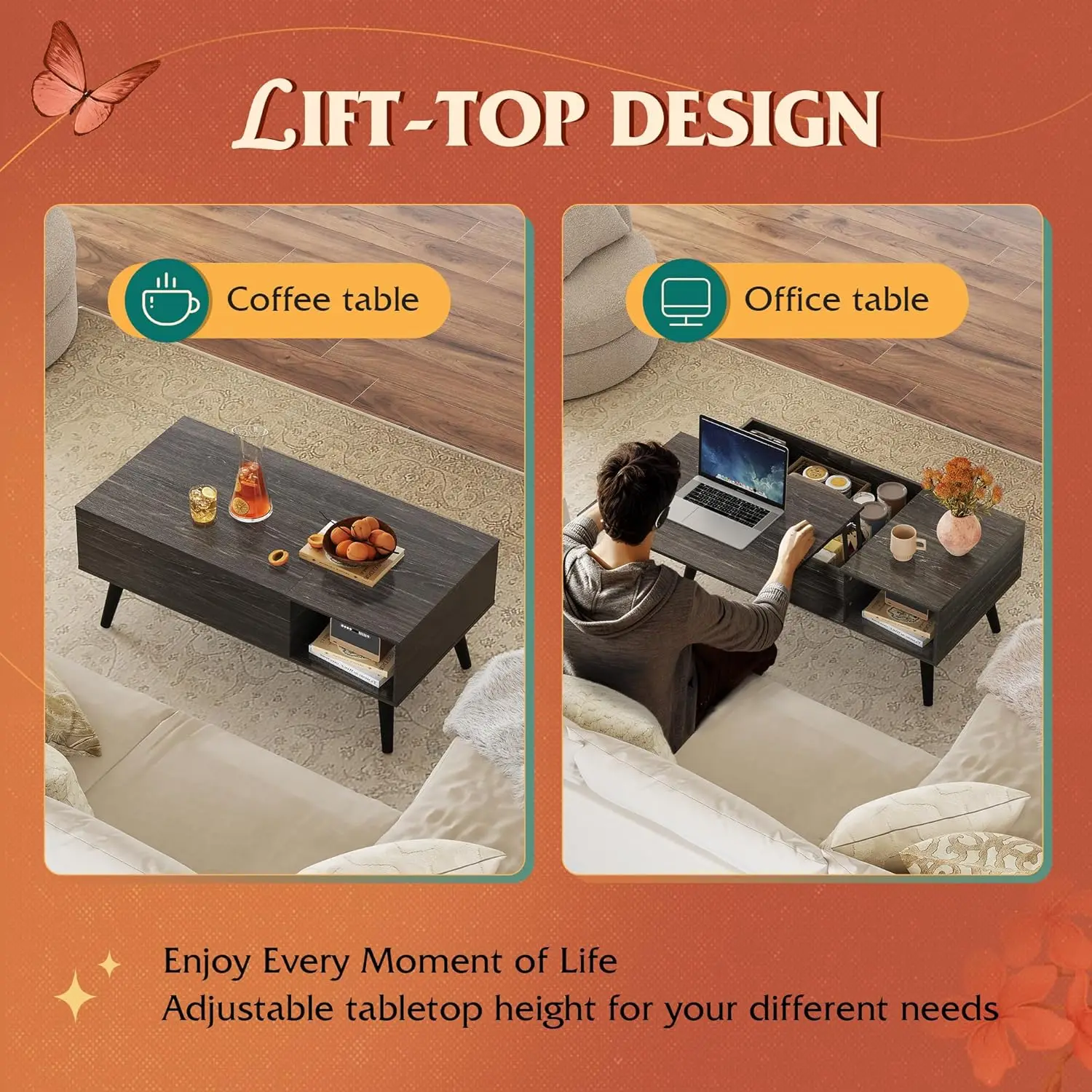 Meja Kopi untuk Ruang Tamu, Meja Kopi dengan Penyimpanan dan Bagian Atas yang Dapat Diangkat, Meja Makan Kayu Kecil dengan Penyimpanan