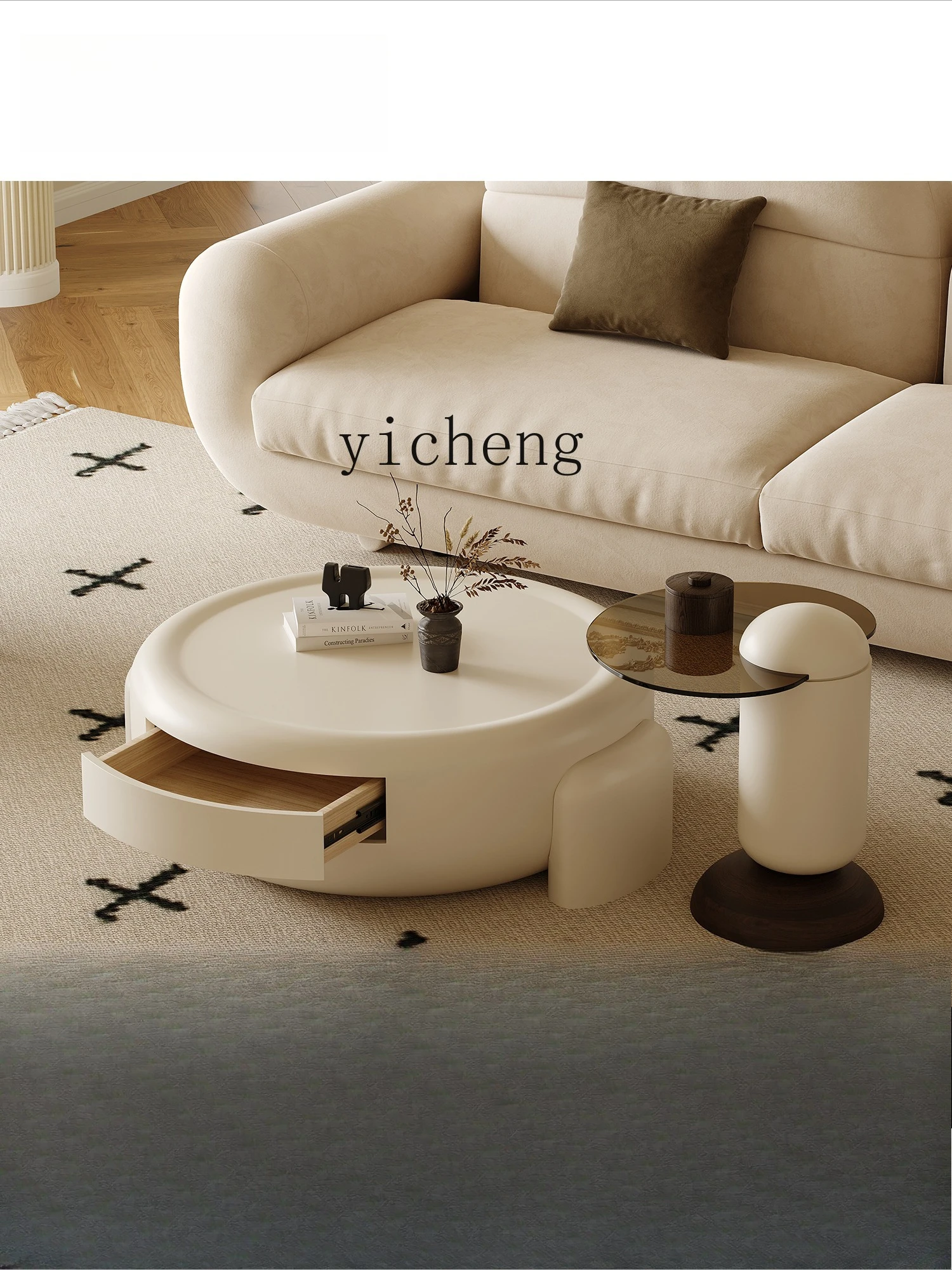 طاولة قهوة مستديرة بسيطة وحديثة كبيرة وصغيرة على الطراز الفرنسي الكريمي لغرفة المعيشة وطاولة قهوة فنية راقية