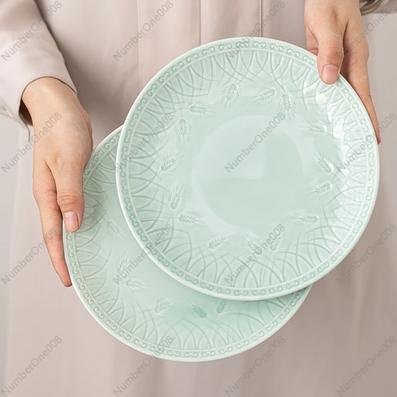 ชุดเครื่องถ้วยชามเซรามิกเซลาดอน 20 ชิ้น สีเขียวอ่อนลายข้าวสาลี ชุดจานชามสำหรับรับประทานอาหาร