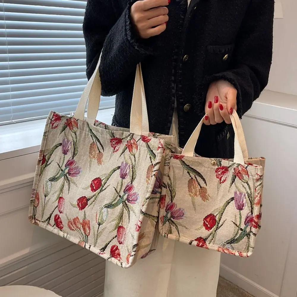 Simple Commute Tulip Tote Bag Large Capacity Fashion Flower Shoulder Bag Canvas Sweet Floral Handbag Girls