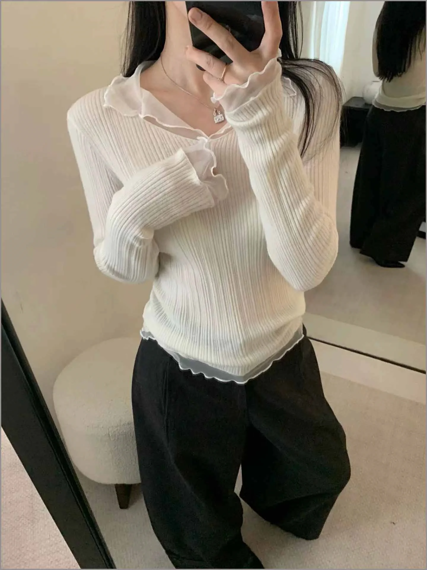 

Lightweight V-Ne Me Splice Knitwear Women's Faionable Autumn Winter New Design Sensation All-Match Sli Base irt