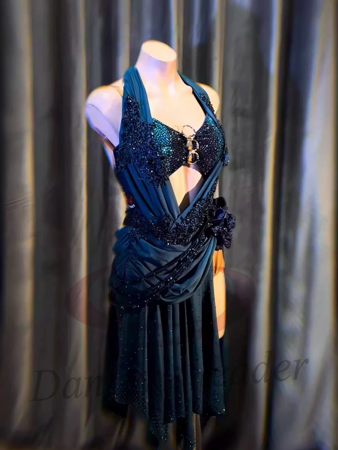 Latin Dance Costume AB Stone Female Adult Children High end Customized Irregular Premium Dress Black Pool Samba PerformanceDress