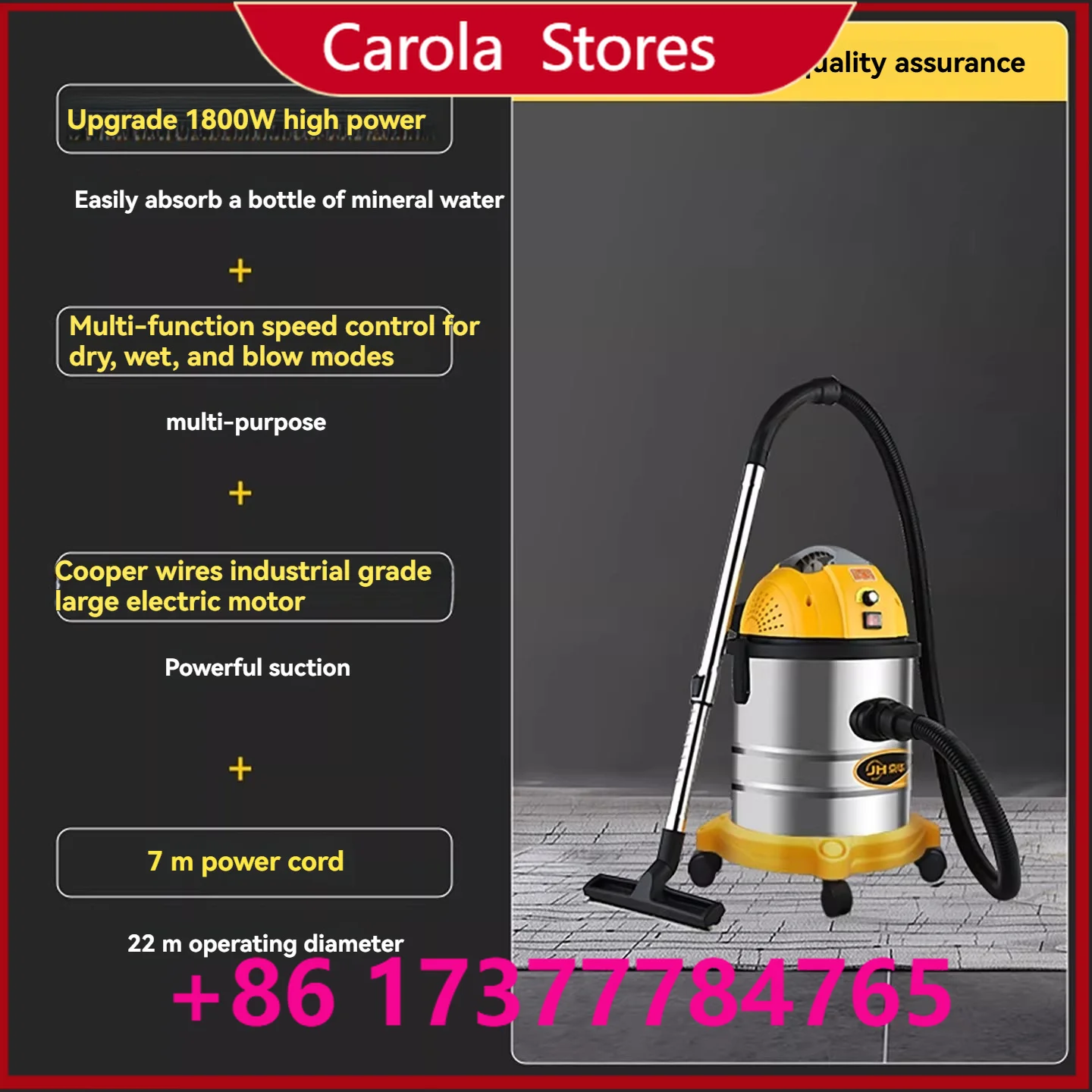 1800W Industrial Wet Dry Vacuum Cleaner Powerful Suction Dust Extractor for Construction Renovation Auto Car Washing