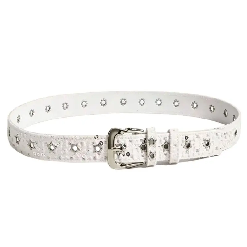 39BD Pin Closure Fashion Belt with Multiple Grommet Openings, Star Metal Waist Girdle, and a Distressed Punk-Style Finish