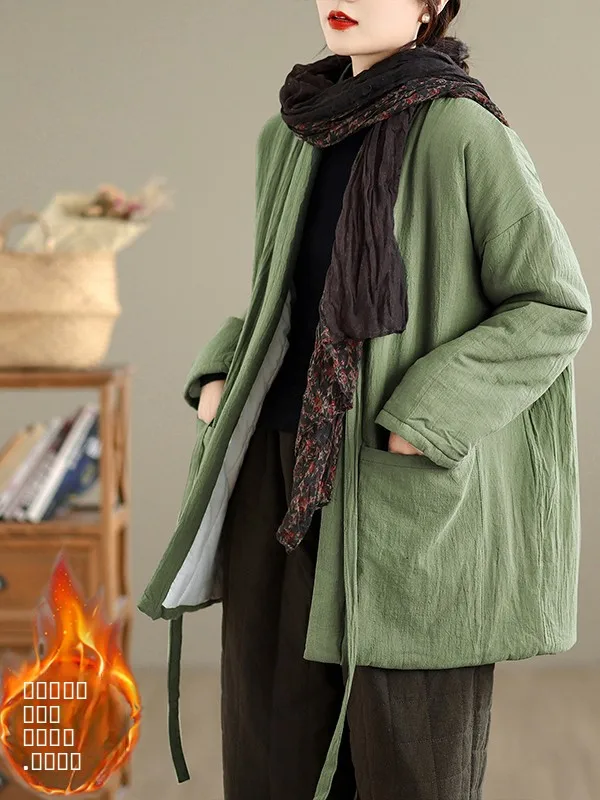 

New Chinese Sle Mid-Length Cotton Jaet Lined with Cotton Linen Casual Retro Zen Winter Thiened Long Sve V-Ne Coat
