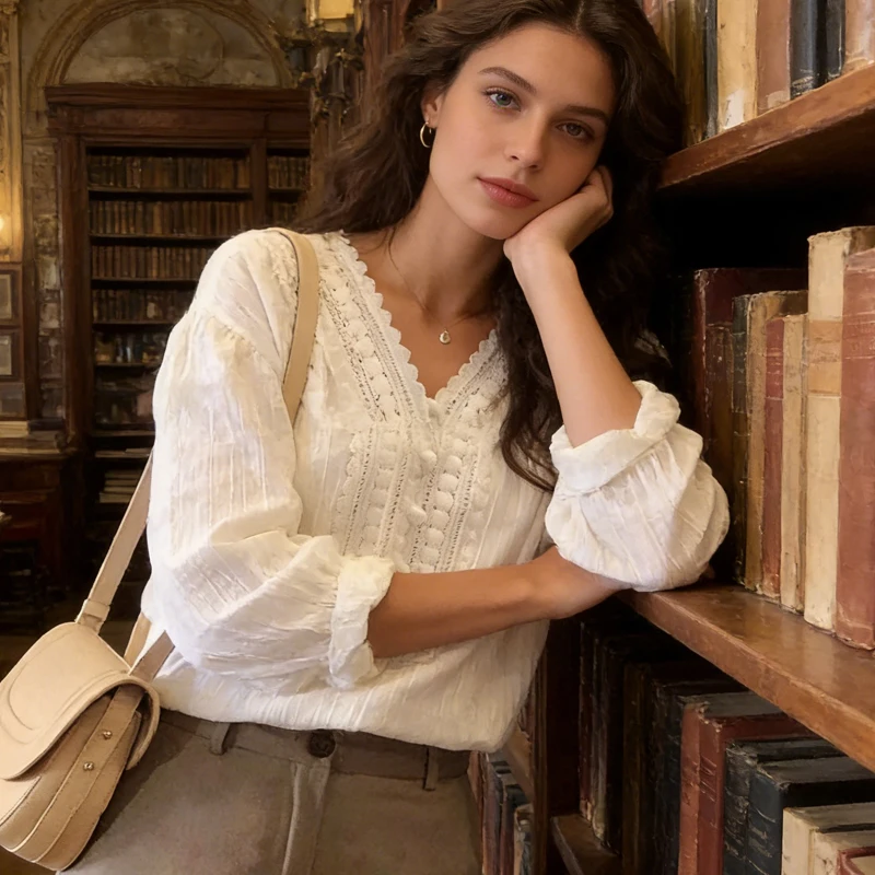 

Women's White V Neck Lace Trim Blouse Puff Sleeve Button Detail Textured Casual Top Korean Style Sweet Long Sleeve Women Shirt