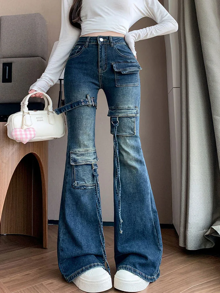 Blue Cargo Jeans Women Distressed Buckle Belt Bootcut Denim Pants Long Trousers Vintage Grunge Streetwear 2025 New