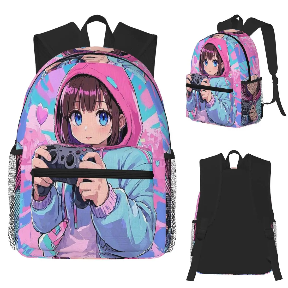 

Cute Anime Gamer Girl With Controller Pastel Gamer Aesthetic Backpack School Bag Hiking Travel Daypack Bookbag Shoulder Bags