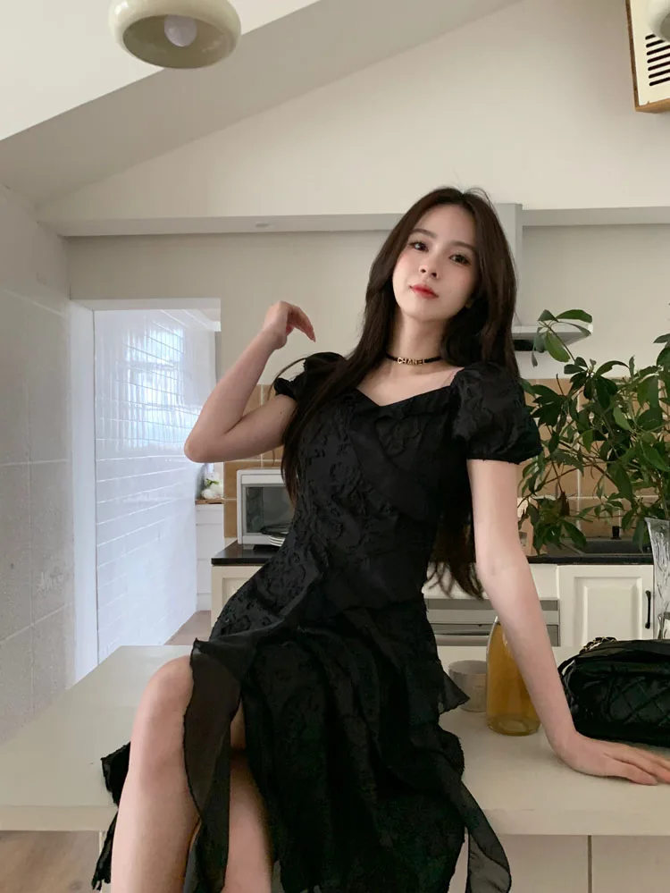 Sukienki Krótkie Rękawy Damskie Quinceanera Niebieskie Wiosenne Satynowe Kokarda Marszczona Talia Falbana Linia A Słodkie Wyszczuplające Szarfy Ładne Delikatne