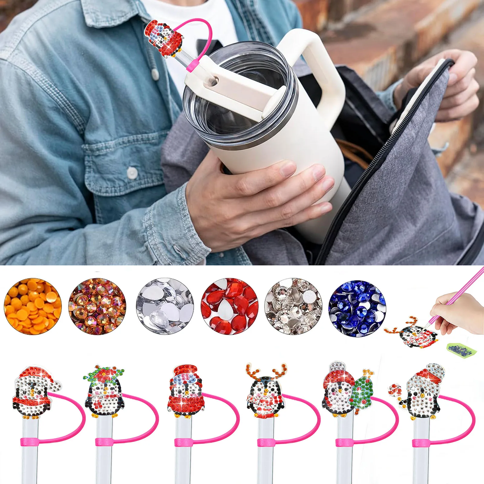 6-Piece Diamond Painting set straw hat Christmas Penguin pattern acrylic material Christmas day party wine glass Decoration