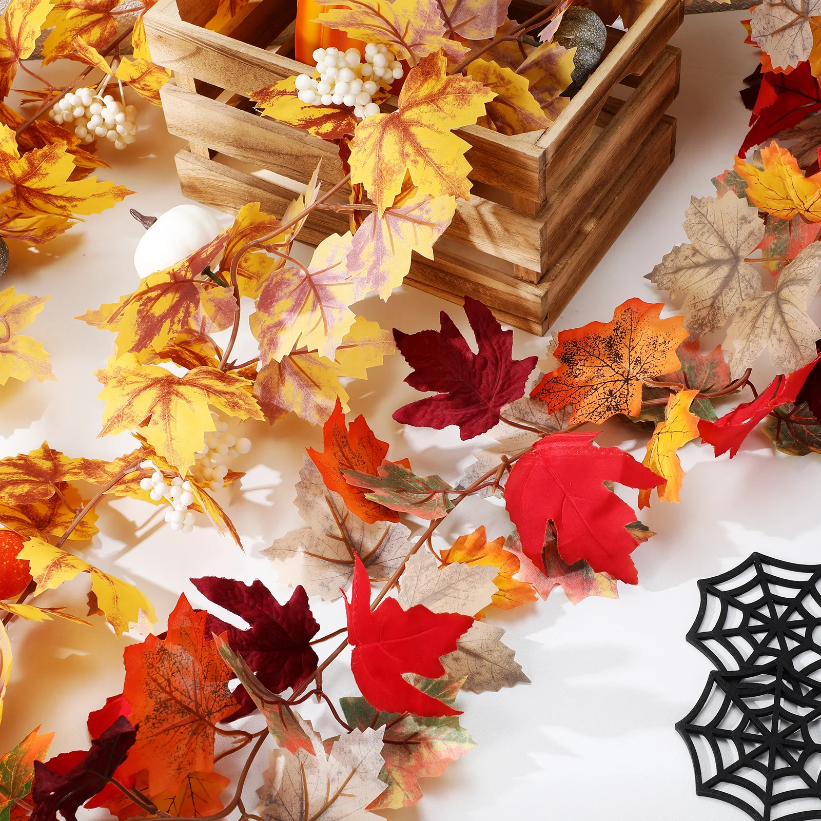 

2pcs 5.74Ft Artificial Maple Leaf Vine Fake Vine Autumn Garland Fall Leaf Decor For Thanksgiving Halloween Party Home Wedding