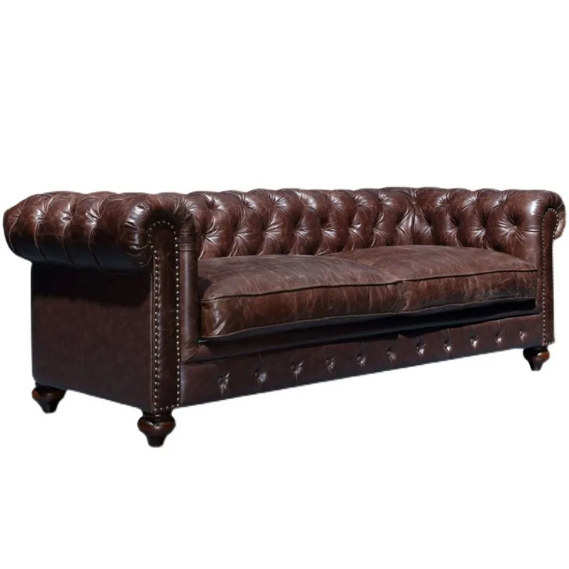 

Light luxury leather straight row French pull button antique cigar bar retro oil wax leather