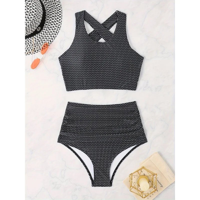 Maiô conservador de duas peças para mulheres, roupa de banho tankini xadrez, novo maiô de duas peças sem costas