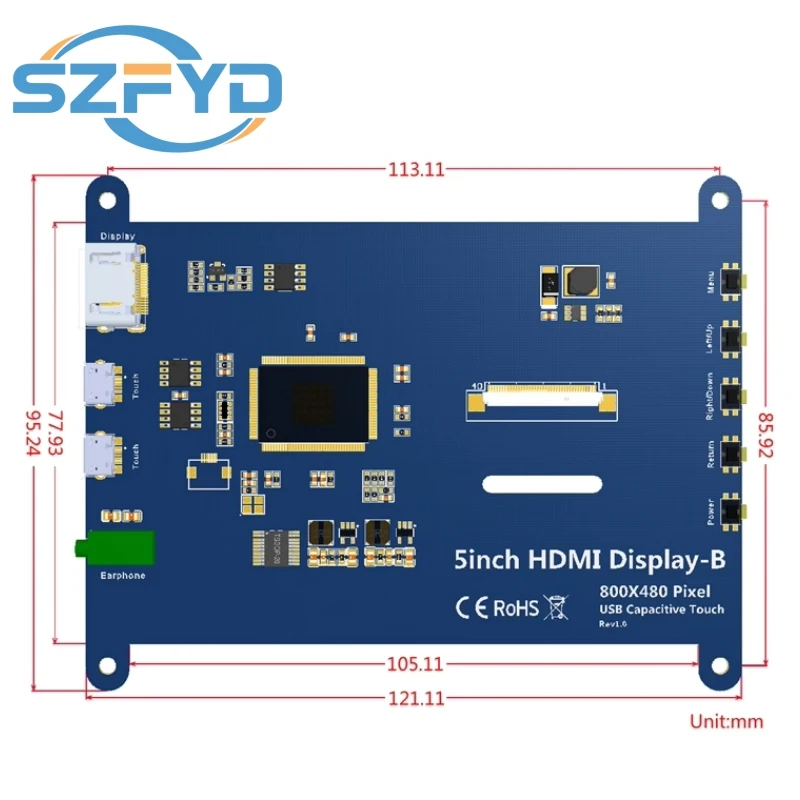 Pantalla Raspberry Pi de 5 pulgadas, 800x480 px, 4B/3B, IPS, USB, 5V, condensador de potencia, pantalla táctil, Compatible con HDMI