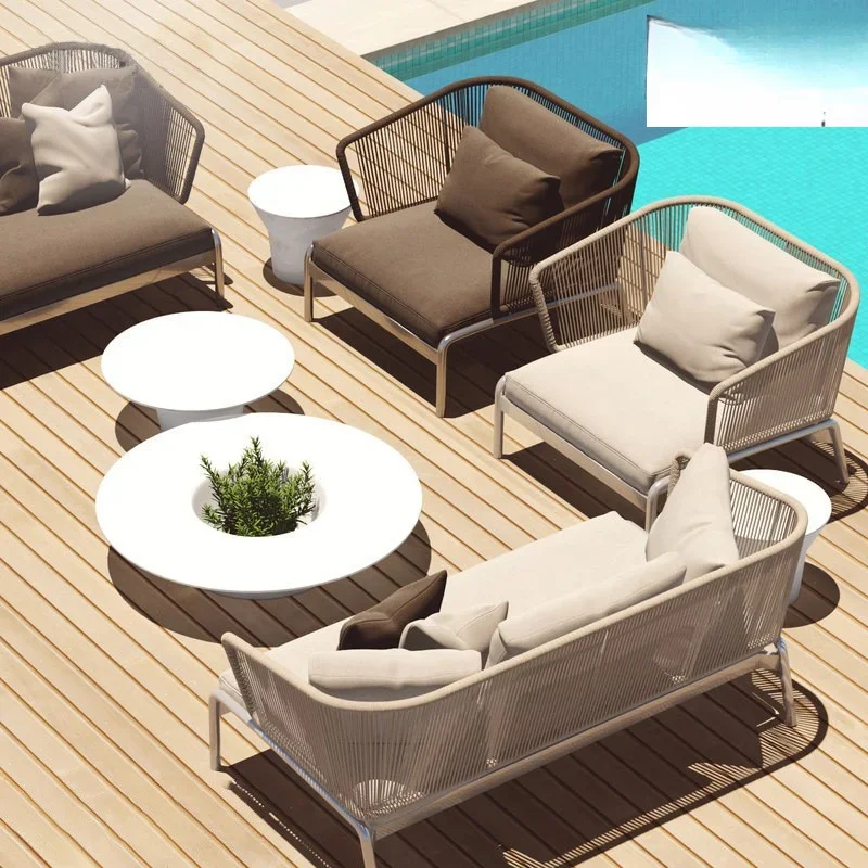 Outdoor sofa combination open-air balcony aluminum alloy waterproof and sunscreen coffee table Nordic rattan sofa