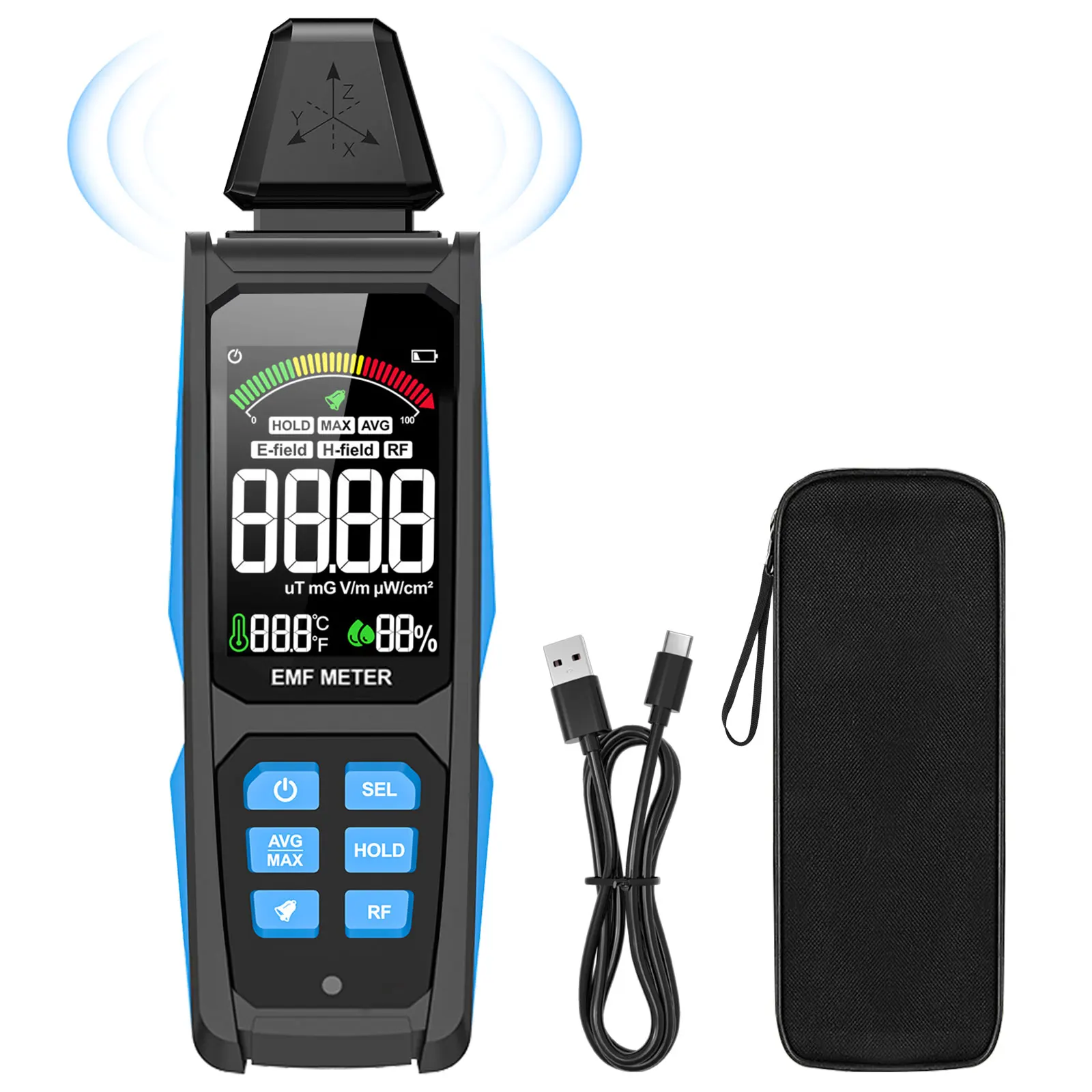 

EMF Detector for Detecting EF RF MF, Digital LCD Display, Measures uT mG/V/m pW/cm², 3-in-1 Rechargeable EMF Meter for Home