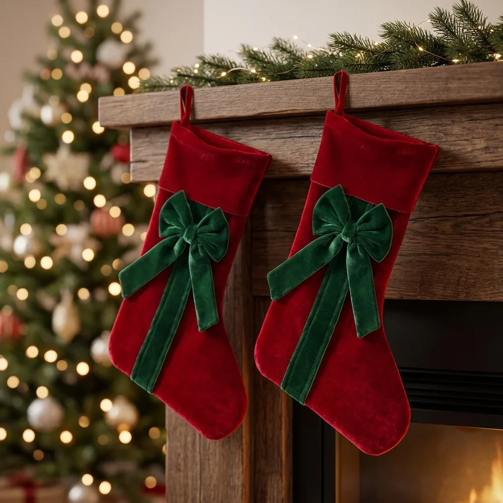 2PCS Red Green Christmas Stockings With Bows Hanging Loop For Fireplace Mantel Wall Holiday Home For Decor Fabric Ornaments