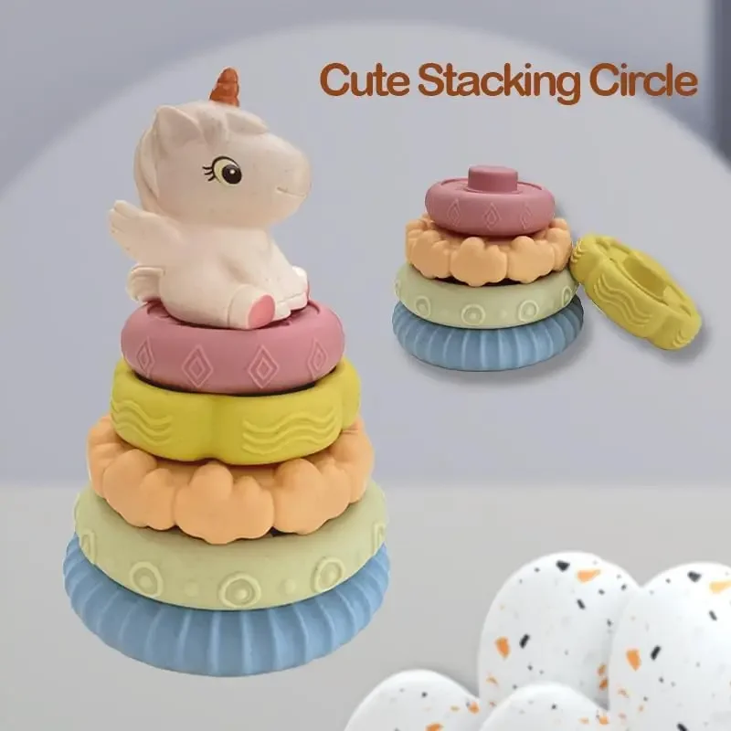 Baby Stacking Nesting Toys, Soft Squeeze Building Circle with Pink Horse, Baby Teething Toy Sensory Early Educational Toys for N