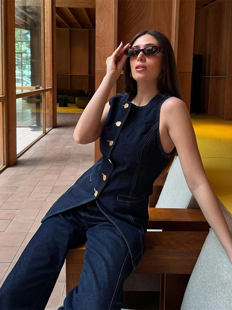 

Retro Women's Denim Two Piece Set Slim Fit Sleeveless Mental Buttons Top Matching High Waist Wide Leg Jeans Chic Female Outfits