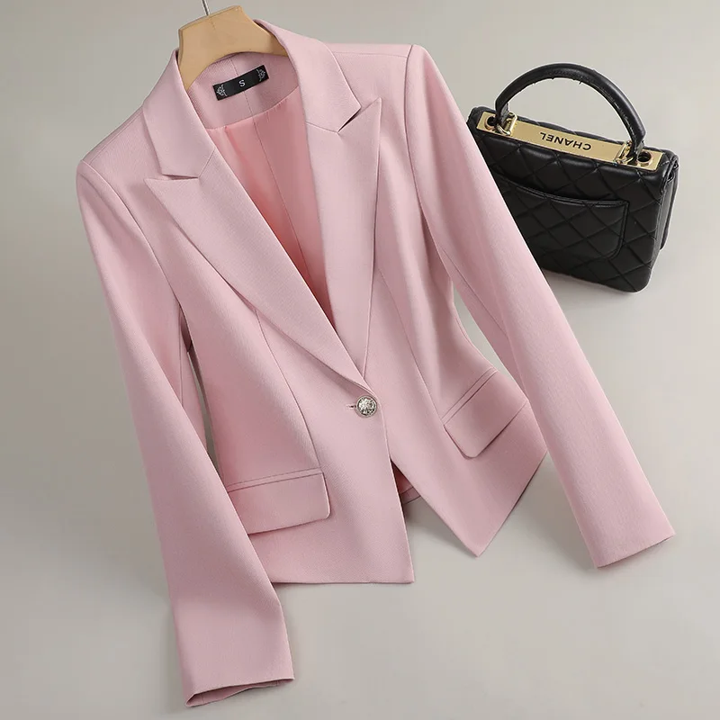 여성용 블랙 화이트 템퍼러먼트 싱글 단추 숏 블레이저 코트, 2025 용수철 가을 핑크, 긴팔 슬림 오피스 레이디 상의, 심플한