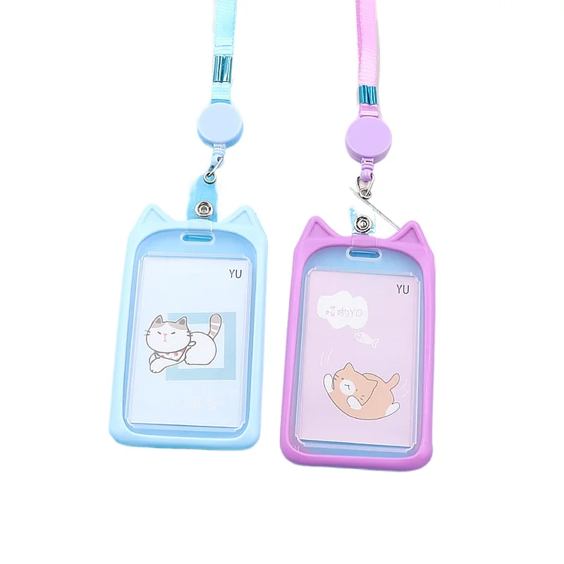 1PC Cute Cartoon Cat Card Holder Bank Identity Bus ID Card Sleeve Case with Retractable Reel Lanyard Credit Cover Case Kids Gift