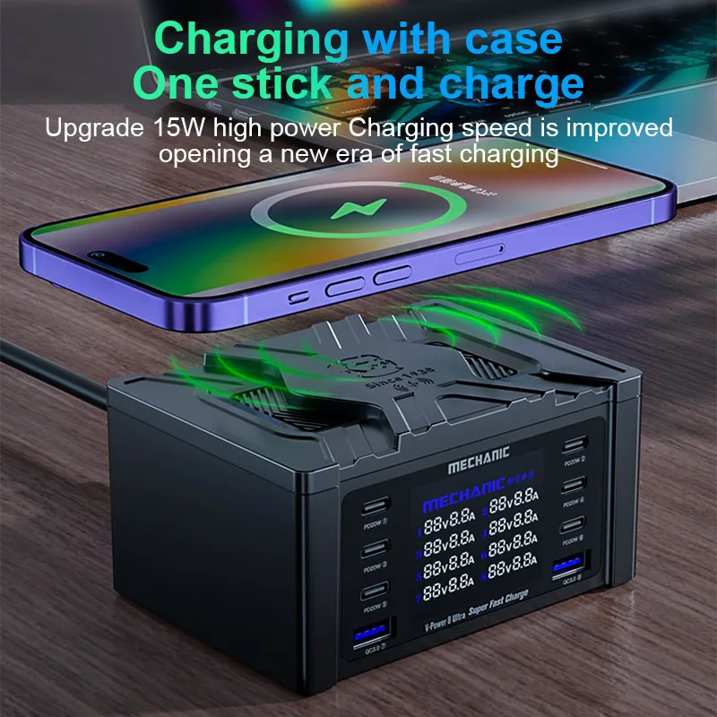 MECHANIC V-Power 8 Ultra 8 Max Desktop Fast Charging Source with Digital Display for Mobile Phone Pad Camera High Power Charger